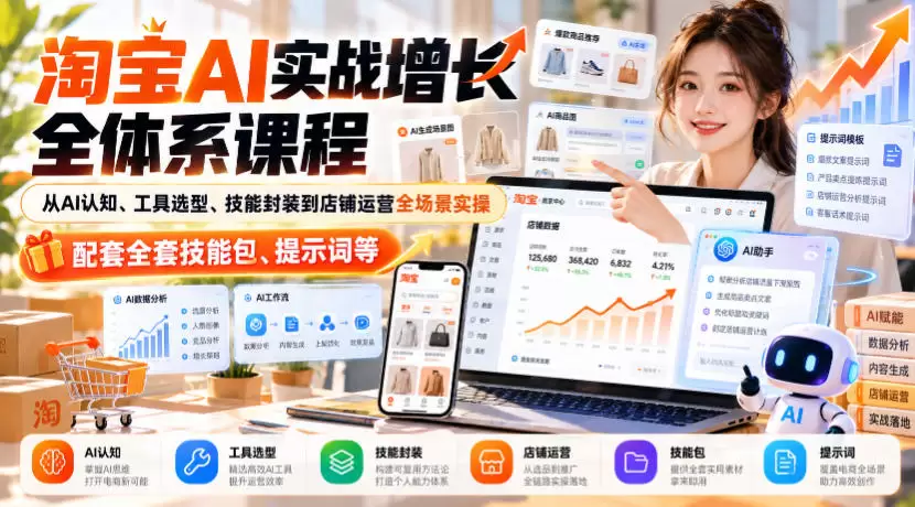 淘宝AI实战增长全体系课程，从AI认知、工具选型、技能封装到店铺运营全场景实操，配套全套技能包、提示词等 - 青心资源站