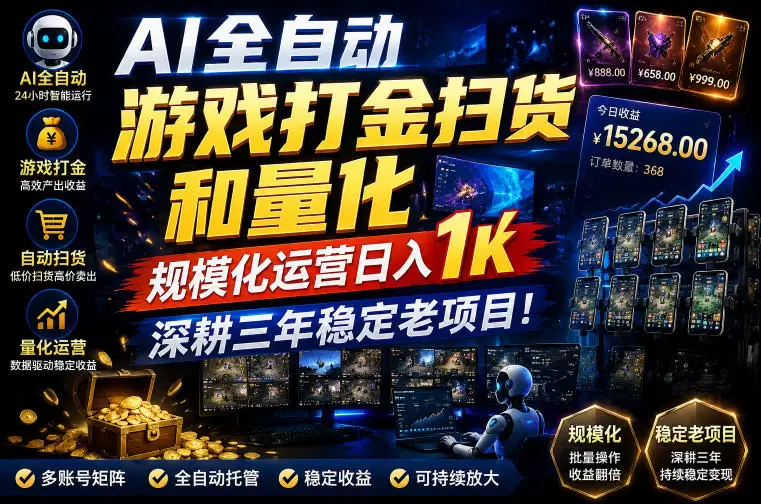 AI全自动游戏打金扫货和量化,规模化运营日入1k,深耕三年稳定老项目!【揭秘】 AI全自动游戏打金扫货和量化,规模化运营日入1k,深耕三年稳定老项目!【揭秘】