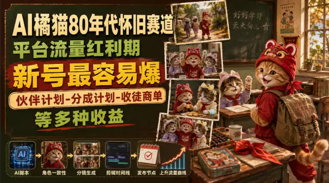 AI橘猫80年代怀旧赛道，平台流量红利期，新号最容易爆，伙伴计划-分成计划-收徒商单等多种收益|青心网创站