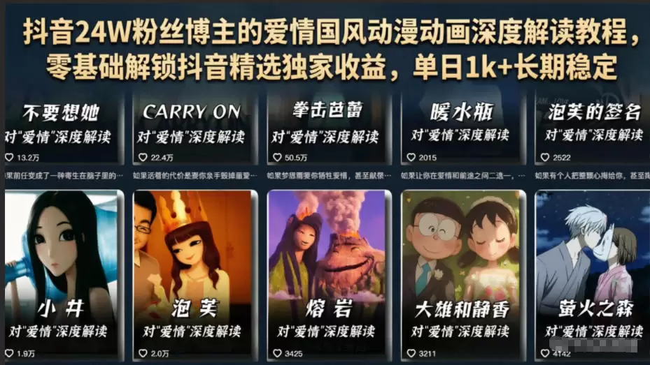 抖音24W粉丝博主的爱情国风动漫动画深度解读教程，零基础解锁抖音精选独家收益，单日1k+长期稳定|青心网创站