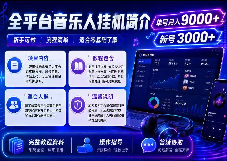 全平台音乐类挂G，单机单号月入9000+，可矩阵，可工作室放大操作【揭秘】|青心网创站