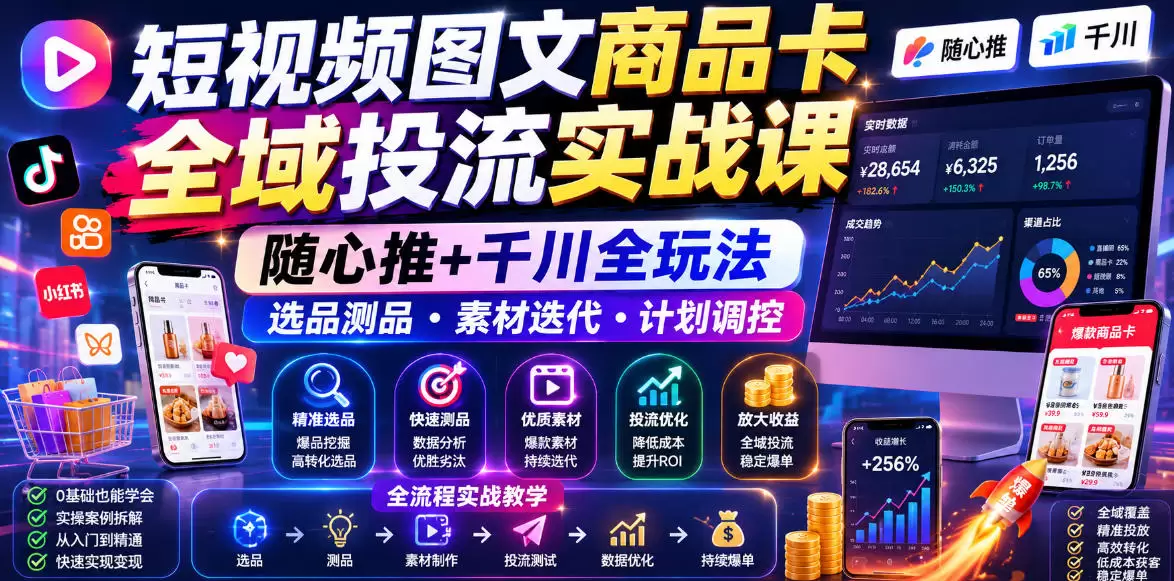 短视频图文商品卡全域投流实战课，随心推+千川全玩法，选品测品・素材迭代・计划调控，提升ROI爆单增收教程|青心网创站