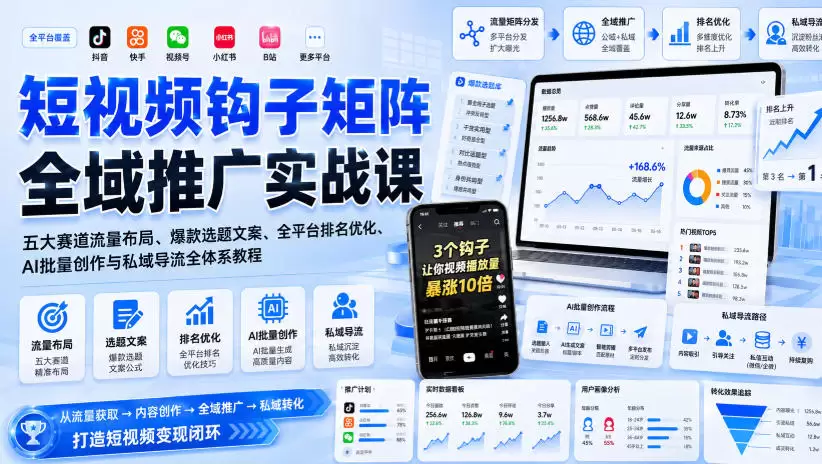 短视频钩子矩阵全域推广实战课｜五大赛道流量布局、爆款选题文案、全平台排名优化、AI批量创作与私域导流全体系教程 - 青心资源站