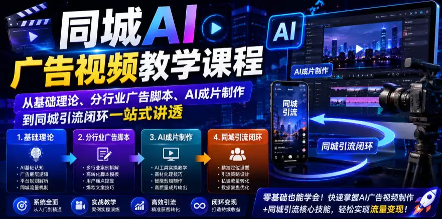 同城AI广告视频教学课程，从基础理论、分行业广告脚本、AI成片制作到同城引流闭环一站式讲透|青心网创站