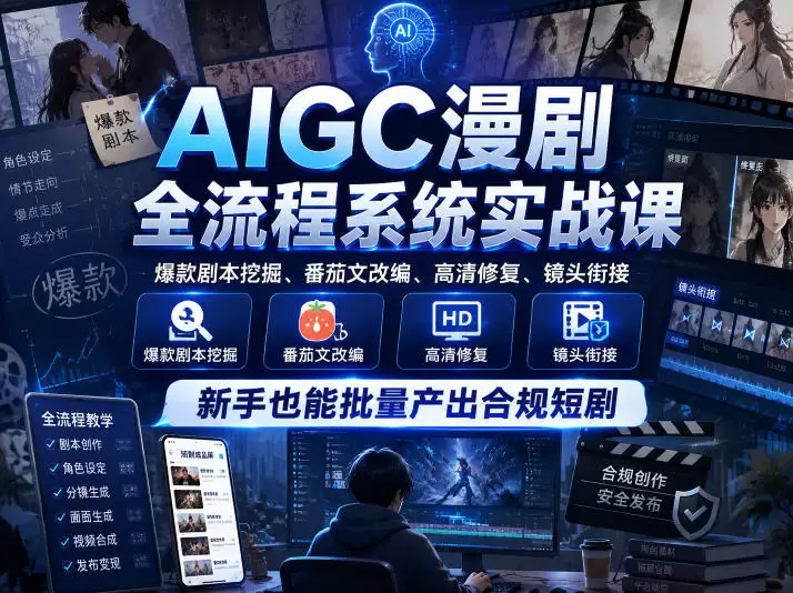 AIGC漫剧全流程系统实战课，爆款剧本挖掘、番茄文改编、高清修复、镜头衔接，新手也能批量产出合规短剧|青心网创站