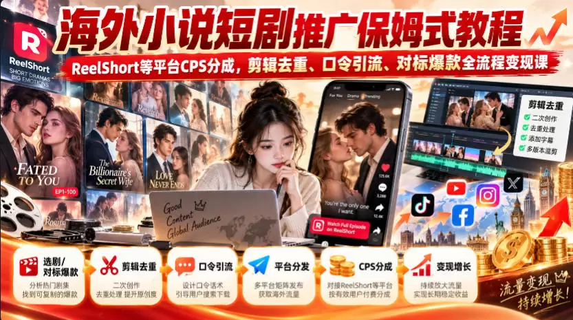 海外小说短剧推广保姆式教程｜ReelShort等平台CPS分成，剪辑去重、口令引流、对标爆款全流程变现课 - 青心资源站