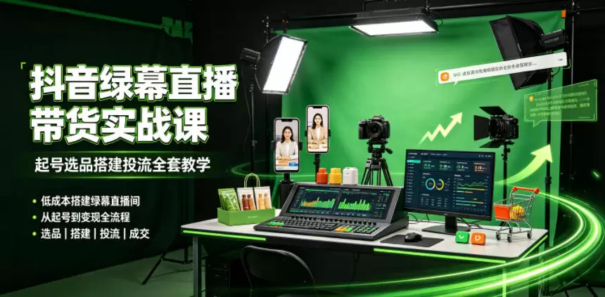 某社群抖音绿幕直播带货实战课，起号选品搭建投流全套教学，低成本搭建绿幕直播间|青心网创站