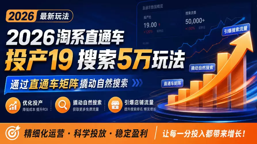 2026淘系直通车投产19搜索5万玩法，通过直通车矩阵撬动自然搜索，帮助商家优化投产，引爆店铺搜索流量 - 青心资源站