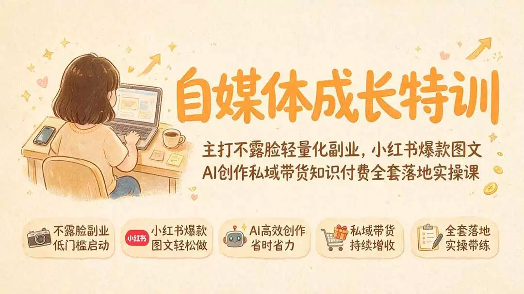 自媒体成长特训｜主打不露脸轻量化副业，小红书爆款图文AI创作私域带货知识付费全套落地实操课|青心网创站