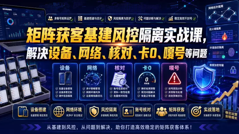 矩阵获客基建风控隔离实战课，解决设备、网络、核对、卡0、嘎号等问题|青心网创站