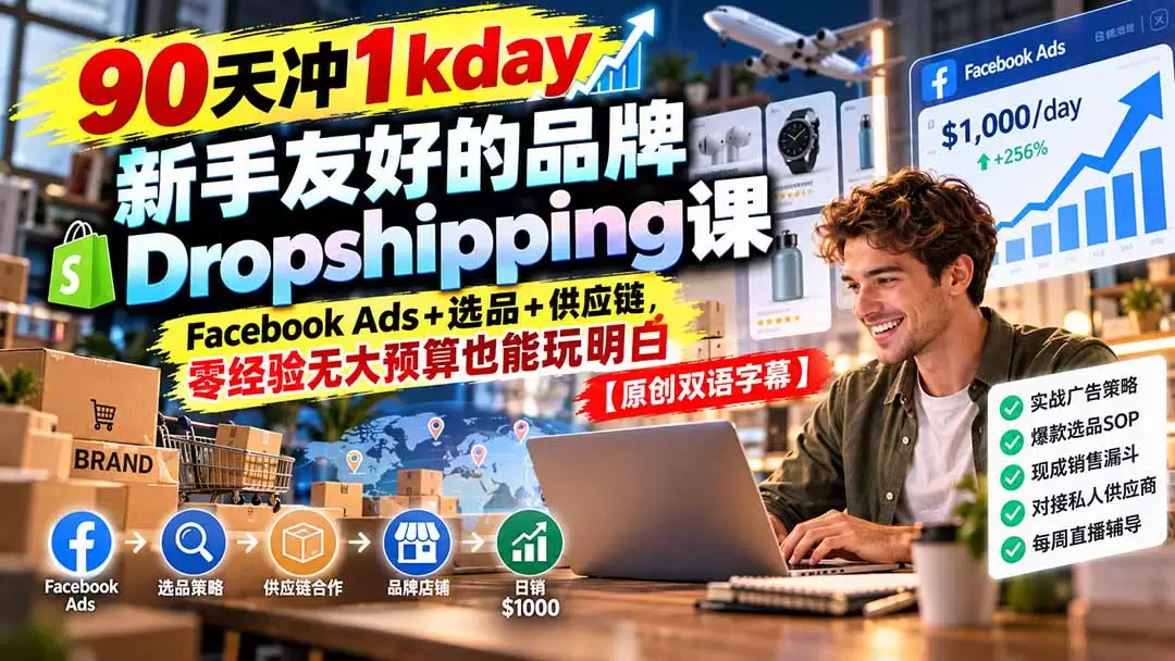 90天冲1kday 新手友好的品牌Dropshipping课：Facebook Ads+选品+供应链，零经验无大预算也能玩明白【原创双语字幕】 - 青心资源站
