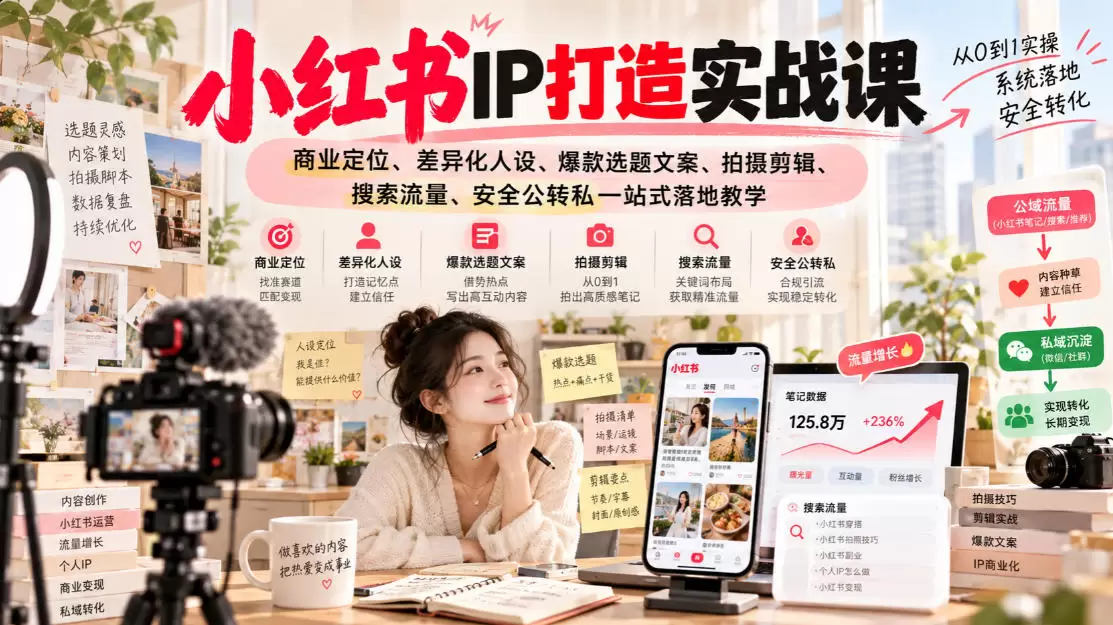 小红书ip打造实战课，商业定位、差异化人设、爆款选题文案、拍摄剪辑、搜索流量、安全公转私一站式落地教学 - 青心资源站