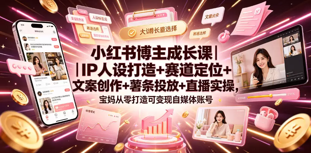 小红书博主成长课｜IP人设打造+赛道定位+文案创作+薯条投放+直播实操，宝妈从零打造可变现自媒体账号|青心网创站