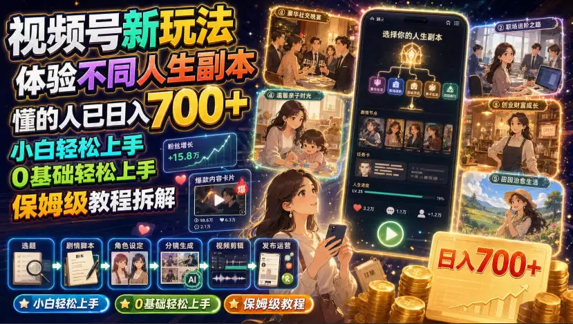 视频号新玩法体验不同人生副本，懂的人已日入700+，小白轻松上手，0基础轻松上手，保姆级教程拆解|青心网创站