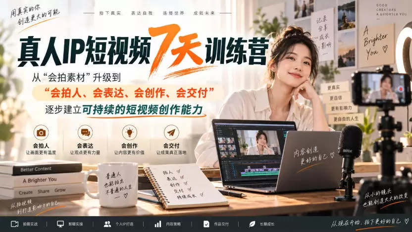 真人IP短视频7天训练营，从“会拍素材”升级到“会拍人、会表达、会创作、会交付”，逐步建立可持续的短视频创作能力 - 青心资源站