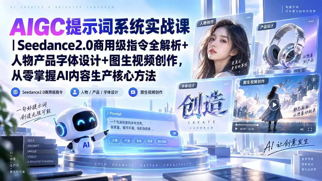 （20559期）AIGC提示词系统实战课-无水印｜Seedance2.0商用级指令全解析+人物产品字体设计+图生视频创作，掌握AI内容生产方法 - 青心资源站