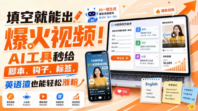 填空就能出爆火视频！AI工具秒给脚本、钩子、标签，英语渣也能轻松涨粉【原创双语字幕】|青心网创站