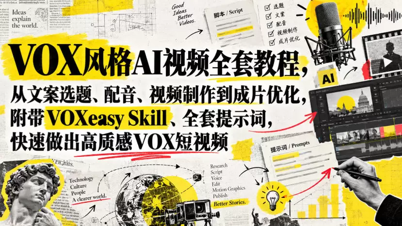 VOX风格AI视频全套教程，从文案选题、配音、视频制作到成片优化，附带VOXeasy Skill、全套提示词，快速做出高质感VOX短视频 - 青心资源站