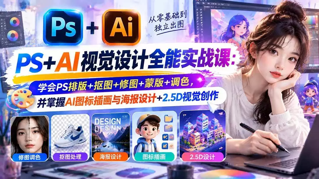 （20749期）【无水印】PS+AI视觉设计全能实战课：学会PS排版+抠图+修图+蒙版+调色，并掌握AI图标插画与海报设计+2.5D视觉创作