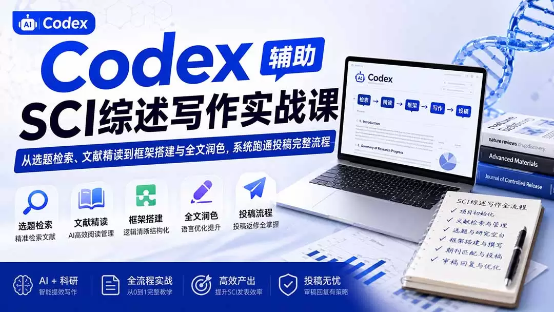 Codex辅助SCI综述写作实战课——从选题检索、文献精读到框架搭建与全文润色，系统跑通投稿完整流程|青心网创站