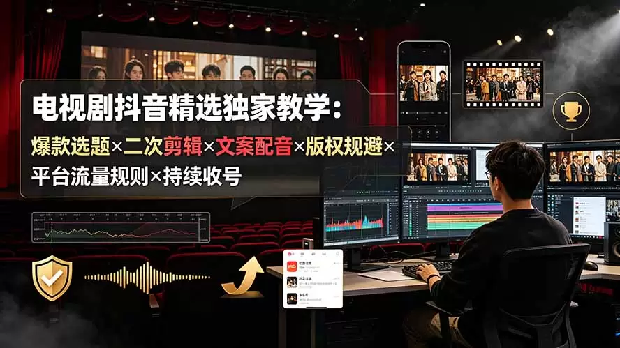 电视剧抖音精选独家教学：爆款选题×二次剪辑×文案配音×版权规避×平台流量规则×持续收益账号|青心网创站