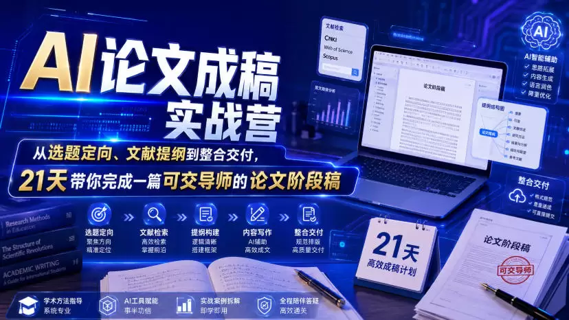 AI论文成稿实战营，从选题定向、文献提纲到整合交付，21天带你完成一篇可交导师的论文阶段稿|青心网创站