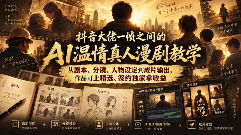抖音大佬一帧之间的AI温情真人漫剧教学,从剧本、分镜、人物设定到成片输出,作品可上精选、签约独家拿收益 抖音大佬一帧之间的AI温情真人漫剧教学,从剧本、分镜、人物设定到成片输出,作品可上精选、签约独家拿收益