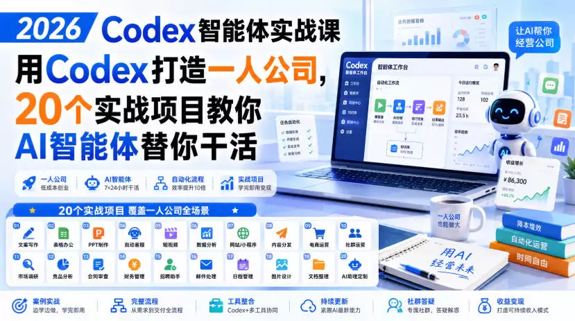 2026 Codex智能体实战课，用Codex打造一人公司，20个实战项目教你AI智能体替你干活|青心网创站