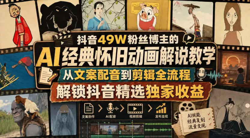 抖音49W粉丝博主的AI经典怀旧动画解说教学，从文案配音到剪辑全流程，解锁抖音精选独家收益 - 青心资源站