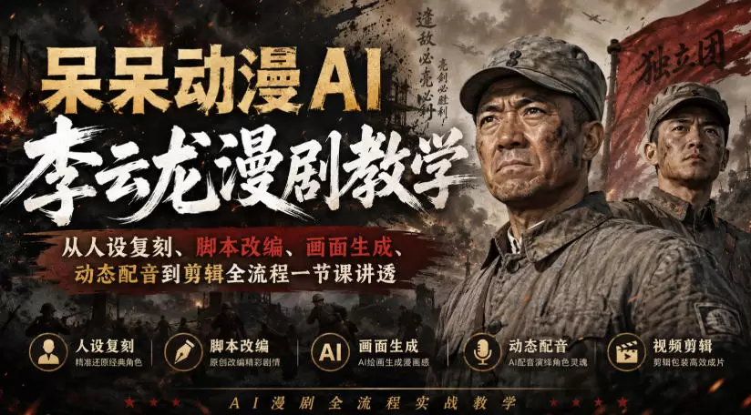 呆呆动漫AI李云龙漫剧教学，从人设复刻、脚本改编、画面生成、动态配音到剪辑全流程一节课讲透 - 青心资源站
