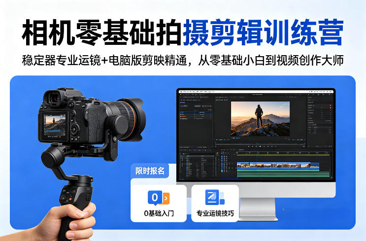 相机零基础拍摄剪辑训练营：稳定器专业运镜+电脑版剪映精通，从零基础小白到视频创作大师|青心网创站