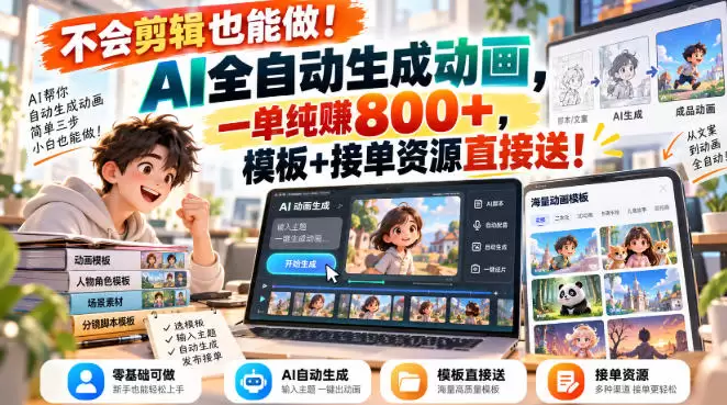 不会剪辑也能做！AI全自动生成动画，一单纯賺800+，模板+接单资源直接送！【揭秘】 - 青心资源站