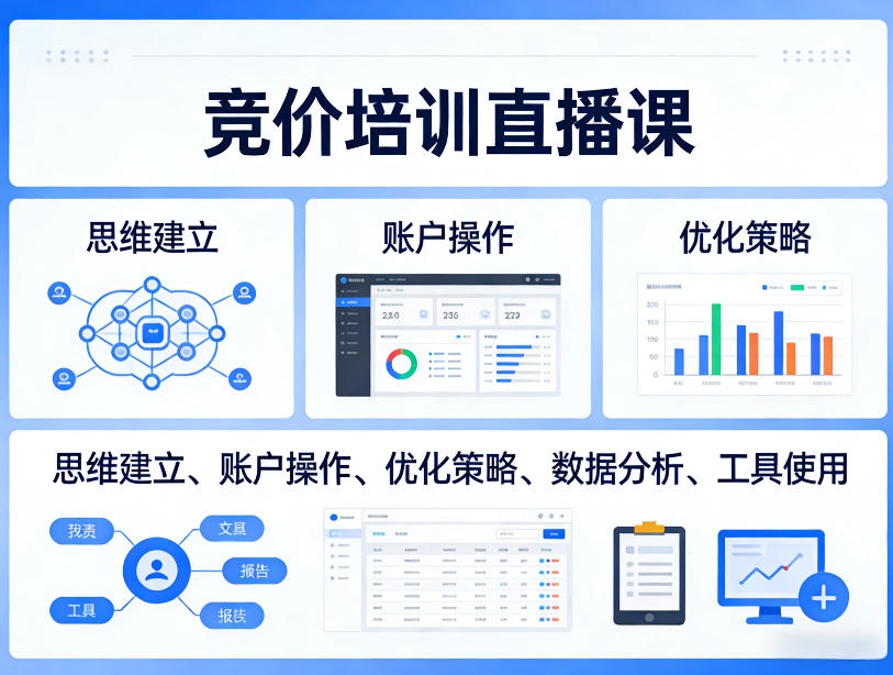 竞价培训直播课,覆盖思维建立、账户操作、优化策略、数据分析、工具使用等,全方位提升效果|青心网创站