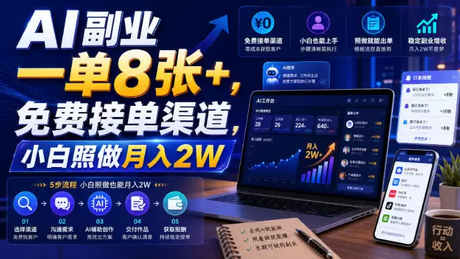 AI副业一单8张+，免费接单渠道，小白照做月入2W【揭秘】|青心网创站