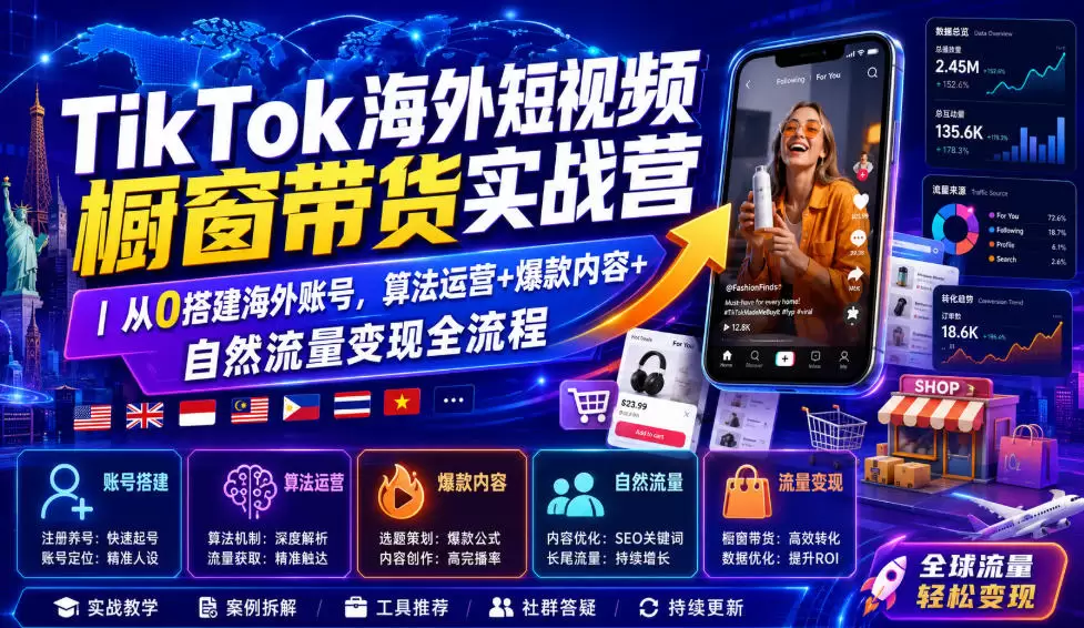 TikTok海外短视频橱窗带货实战营｜从0搭建海外账号，算法运营+爆款内容+自然流量变现全流程|青心网创站