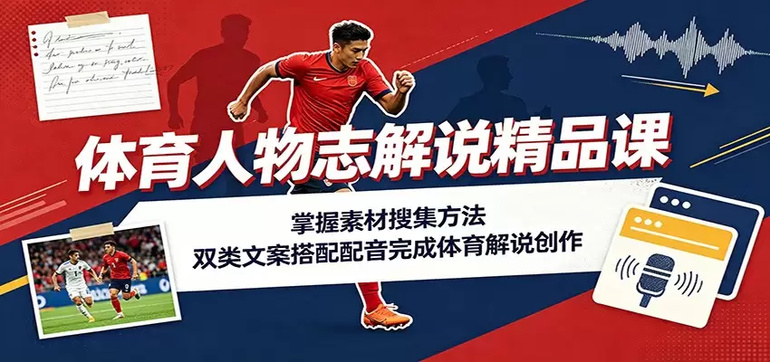 体育人物志解说精品课：掌握素材搜集方法，双类文案搭配配音完成体育解说创作|青心网创站