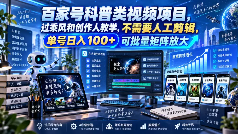 百家号科普类视频项目，过乘风和创作人教学，不需要人工剪辑，单号日入100+可批量矩阵放大 - 青心资源站