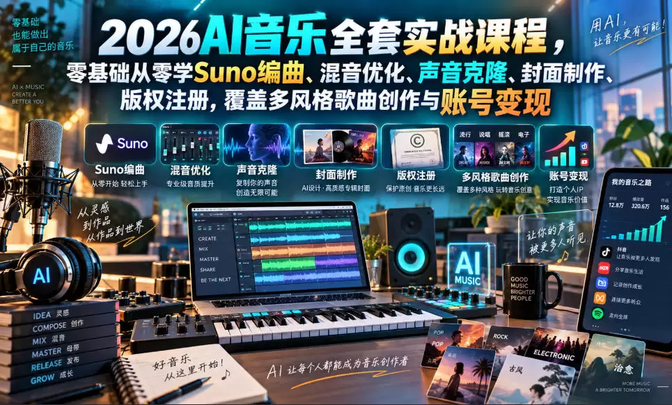 2026AI音乐实战课程,零基础从零学Suno编曲、混音优化、声音克隆、版权注册,覆盖多风格歌曲创作与账号变现 2026AI音乐实战课程,零基础从零学Suno编曲、混音优化、声音克隆、版权注册,覆盖多风格歌曲创作与账号变现