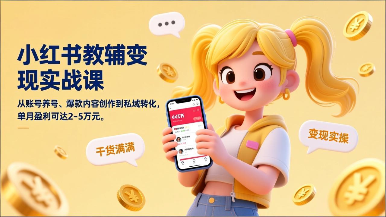 小红书教辅变现实战课，从账号养号、爆款内容创作到私域转化，单月盈利可达2-5万元青心网创青心网创站