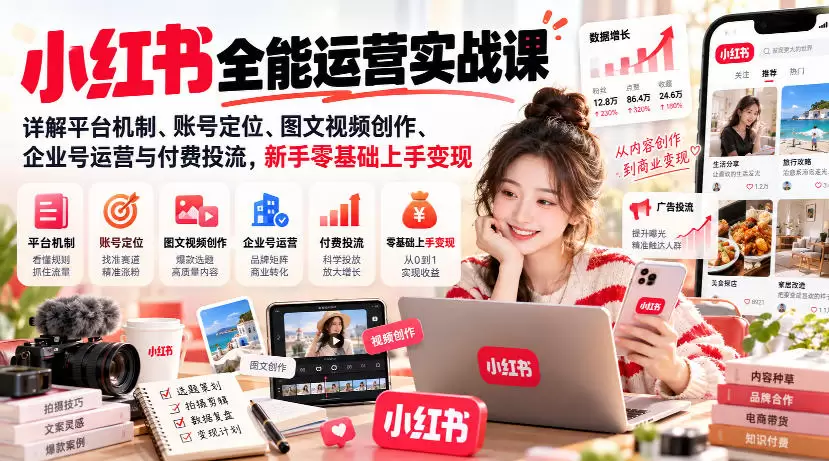 小红书全能运营实战课，详解平台机制、账号定位、图文视频创作、企业号运营与付费投流，新手零基础上手变现 - 青心资源站