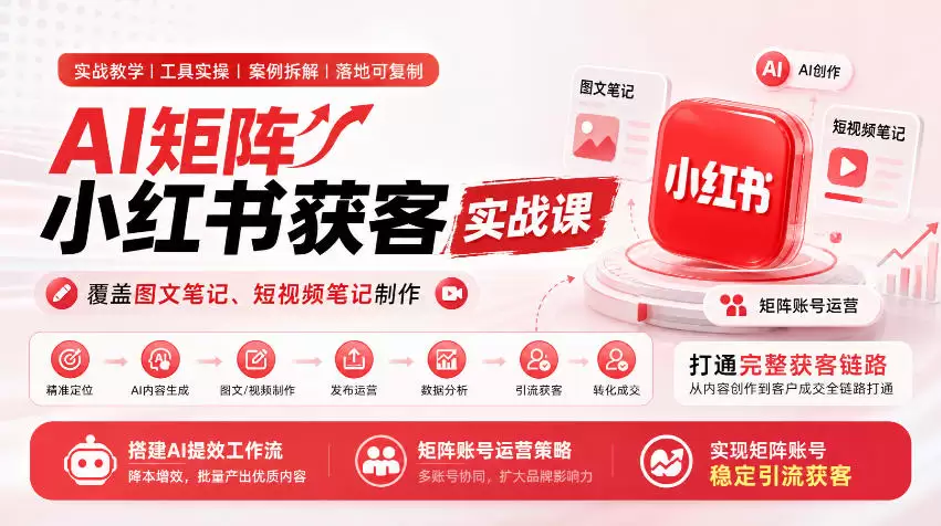 AI矩阵小红书获客实战课，覆盖图文笔记、短视频笔记制作，打通完整获客链路，搭建AI提效工作流，实现矩阵账号稳定引流获客 - 青心资源站