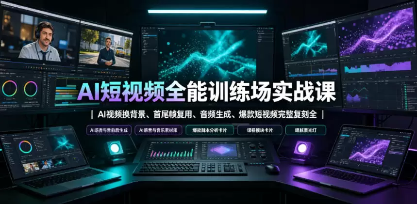AI短视频全能训练场实战课｜AI视频换背景、首尾帧复用、音频生成、爆款短视频完整复刻全套实操教学|青心网创站