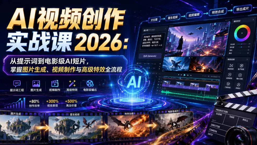 AI视频创作实战课2026：从提示词到电影级AI短片，掌握图片生成、视频制作与高级特效全流程|青心网创站