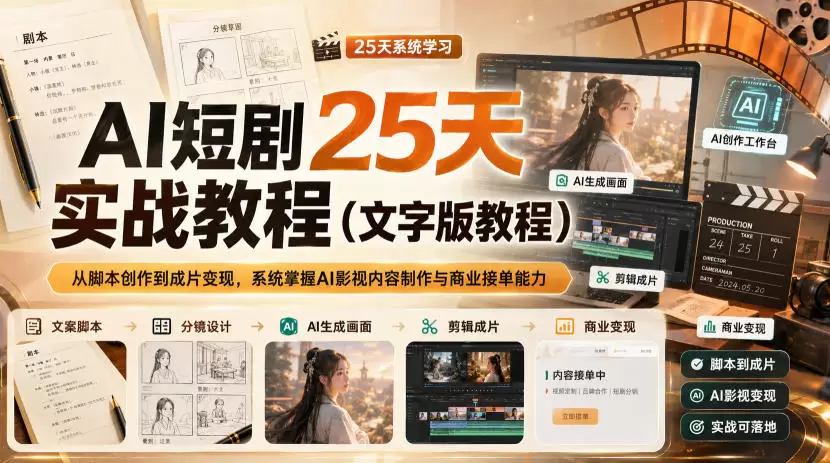 AI短剧25天实战教程（文字版教程），从脚本创作到成片变现，系统掌握AI影视内容制作与商业接单能力 - 青心资源站