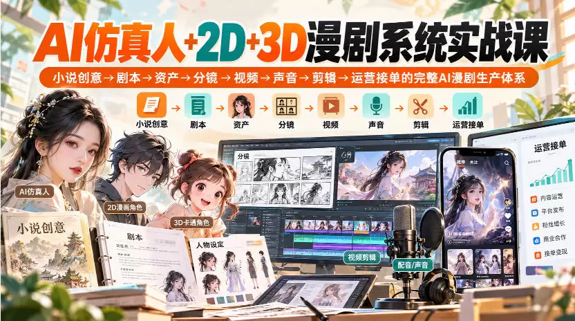【无水印】AI仿真人+2D+3D漫剧系统实战课，小说创意→剧本→资产→分镜→视频→声音→剪辑→运营接单的完整AI漫剧生产体系 - 青心资源站