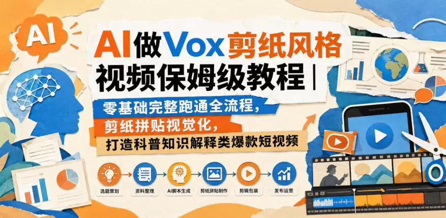 AI做Vox剪纸风格视频保姆级教程｜零基础完整跑通全流程，剪纸拼贴视觉化，打造科普知识解释类爆款短视频 - 青心资源站
