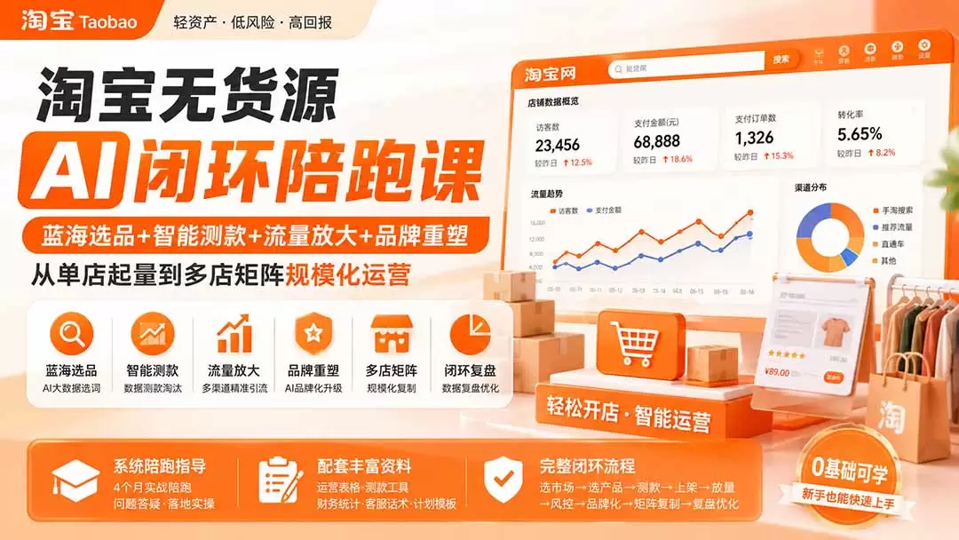 淘宝无货源AI闭环陪跑课：蓝海选品+智能测款+流量放大+品牌重塑，从单店起量到多店矩阵规模化运营|青心网创站