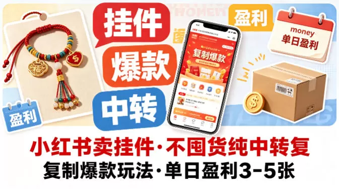 小红书卖挂件，不囤货纯中转复制爆款玩法，单日盈利3-5张|青心网创站