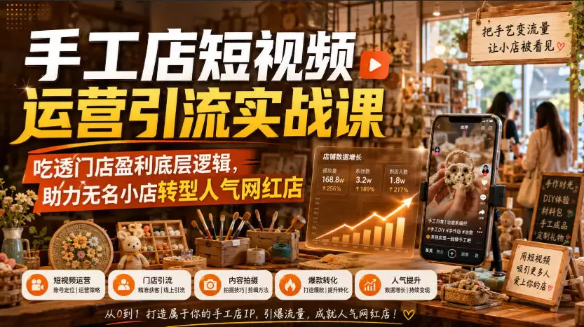 手工店短视频运营引流实战课，吃透门店盈利底层逻辑，助力无名小店转型人气网红店|青心网创站