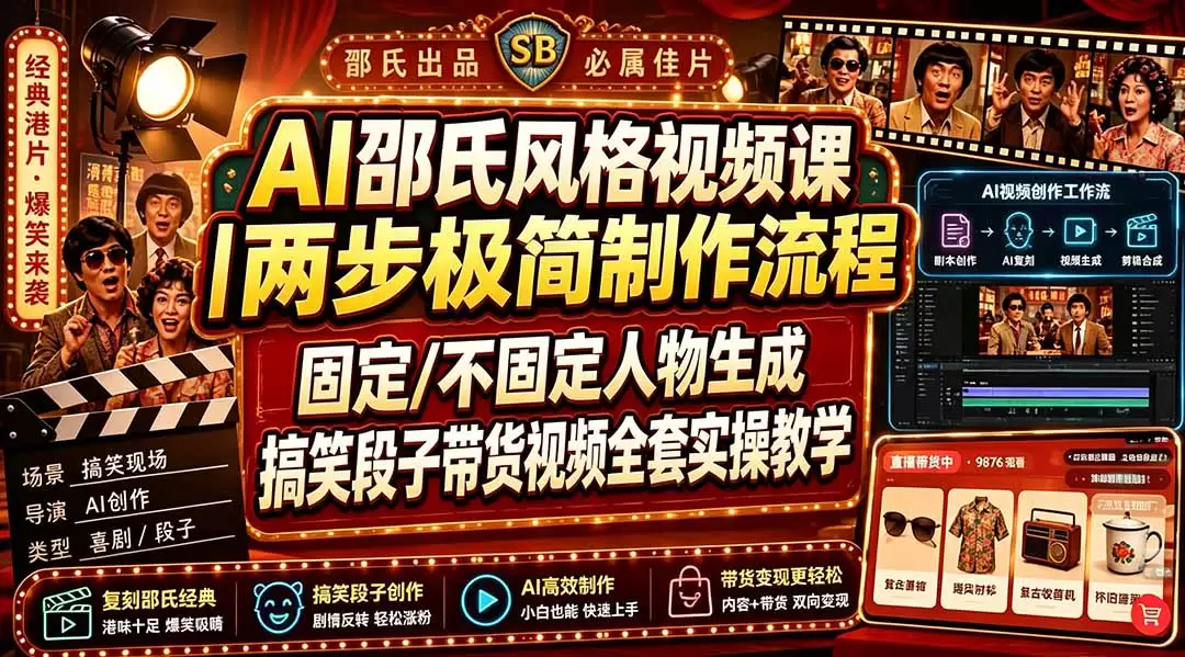 AI邵氏风格视频课｜两步极简制作流程，固定/不固定人物生成，搞笑段子带货视频全套实操教学|青心网创站